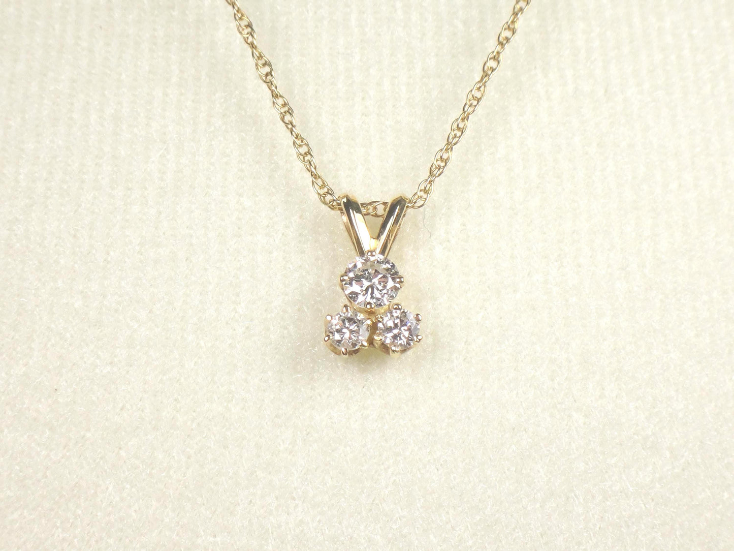 Vintage 14k Yellow Gold Three Diamond Necklace: Approximately .40 Carat TDW 16"