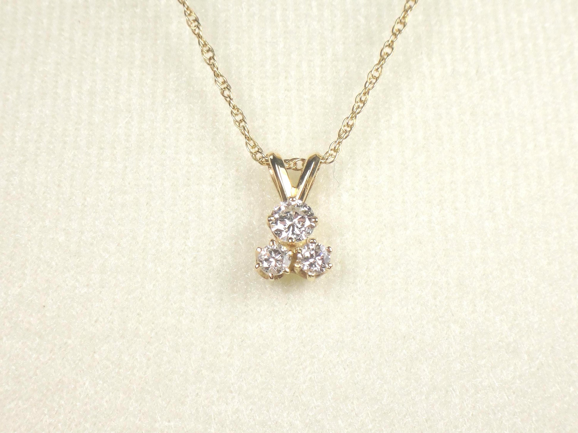 Vintage 14k Yellow Gold Three Diamond Necklace: Approximately .40 Carat TDW 16"