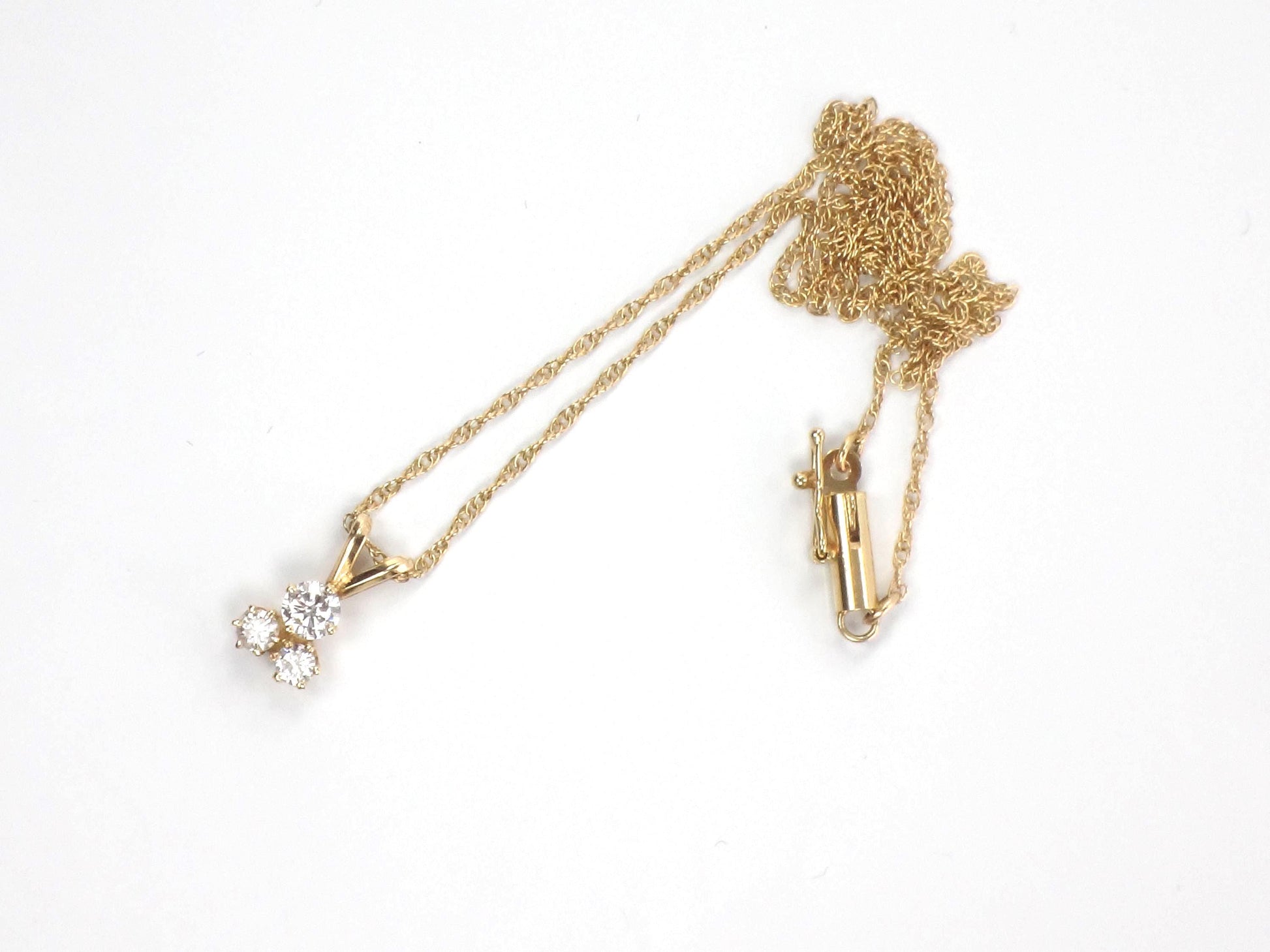 Vintage 14k Yellow Gold Three Diamond Necklace: Approximately .40 Carat TDW 16"