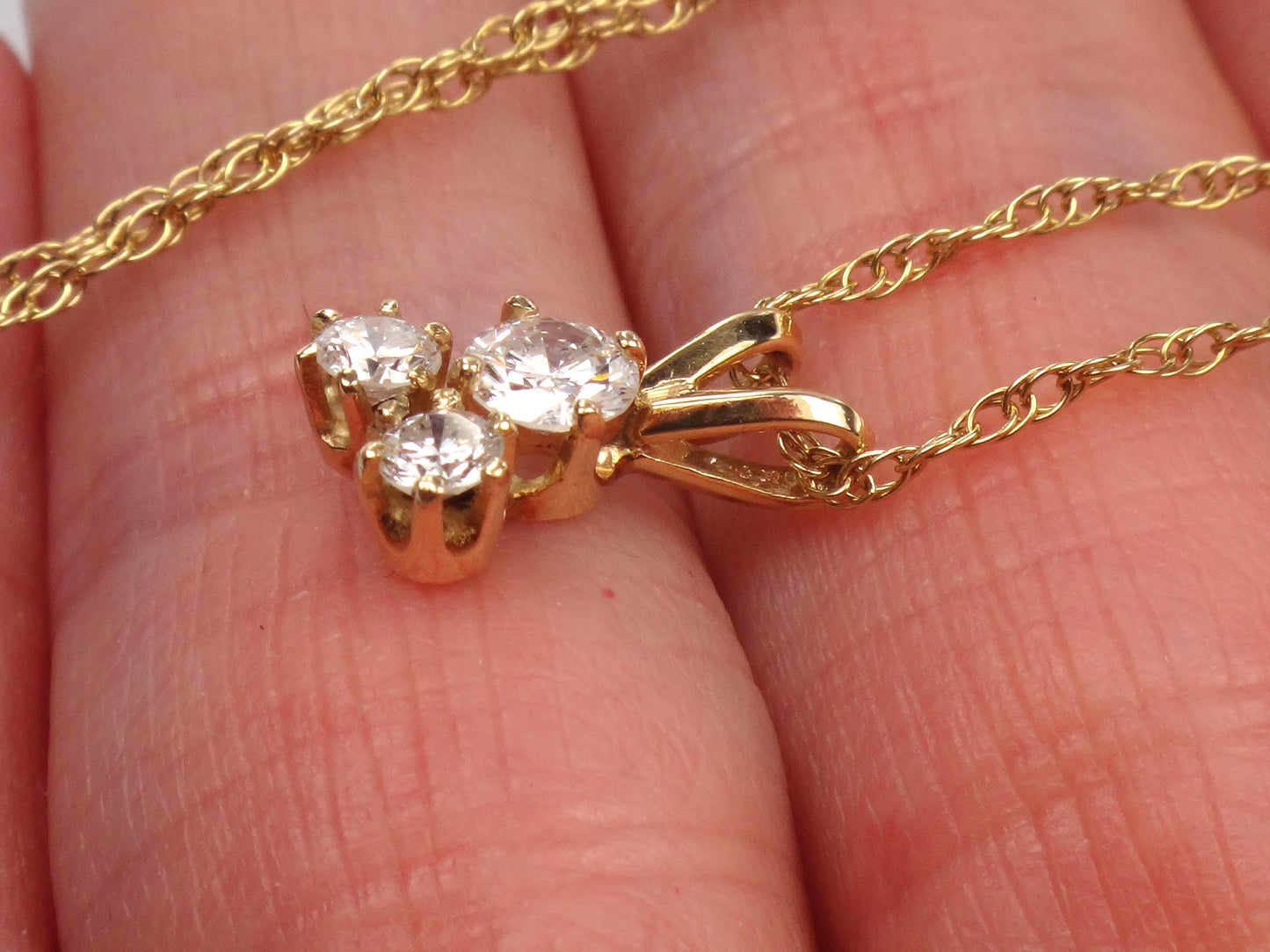 Vintage 14k Yellow Gold Three Diamond Necklace: Approximately .40 Carat TDW 16"