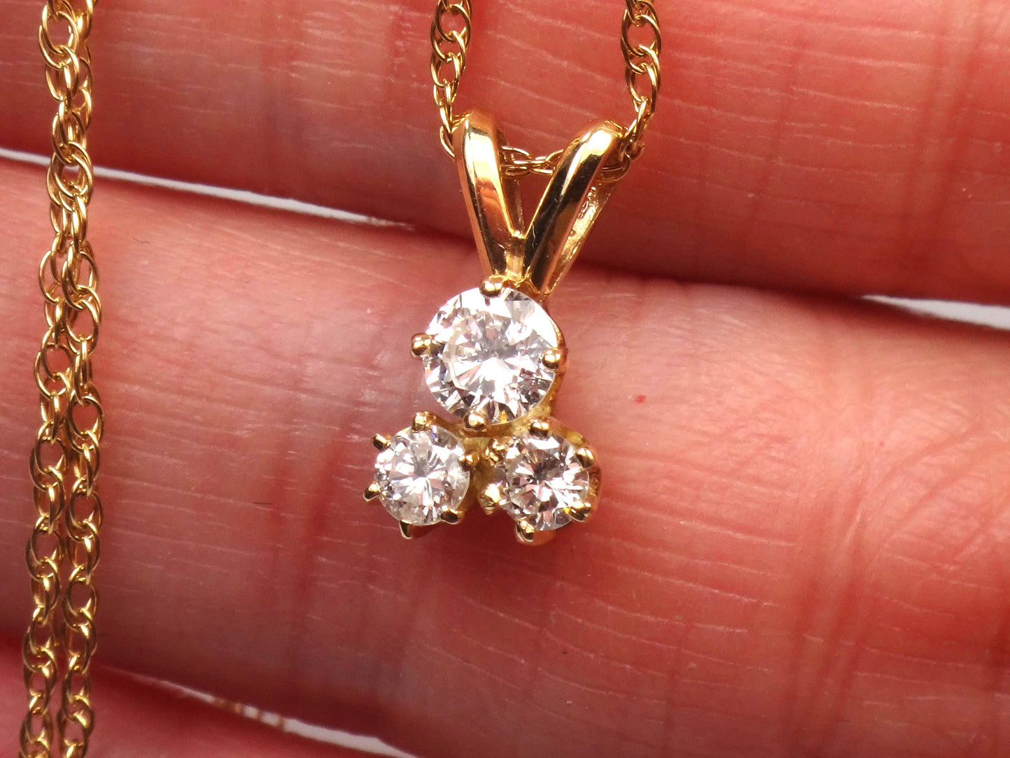Vintage 14k Yellow Gold Three Diamond Necklace: Approximately .40 Carat TDW 16"