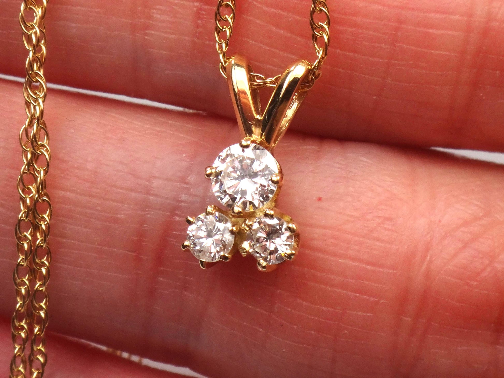 Vintage 14k Yellow Gold Three Diamond Necklace: Approximately .40 Carat TDW 16"