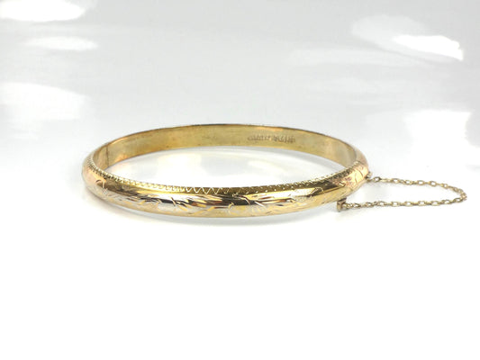 Vintage Gold Over Sterling Silver Bangle Bracelet with Etched Design, 7"