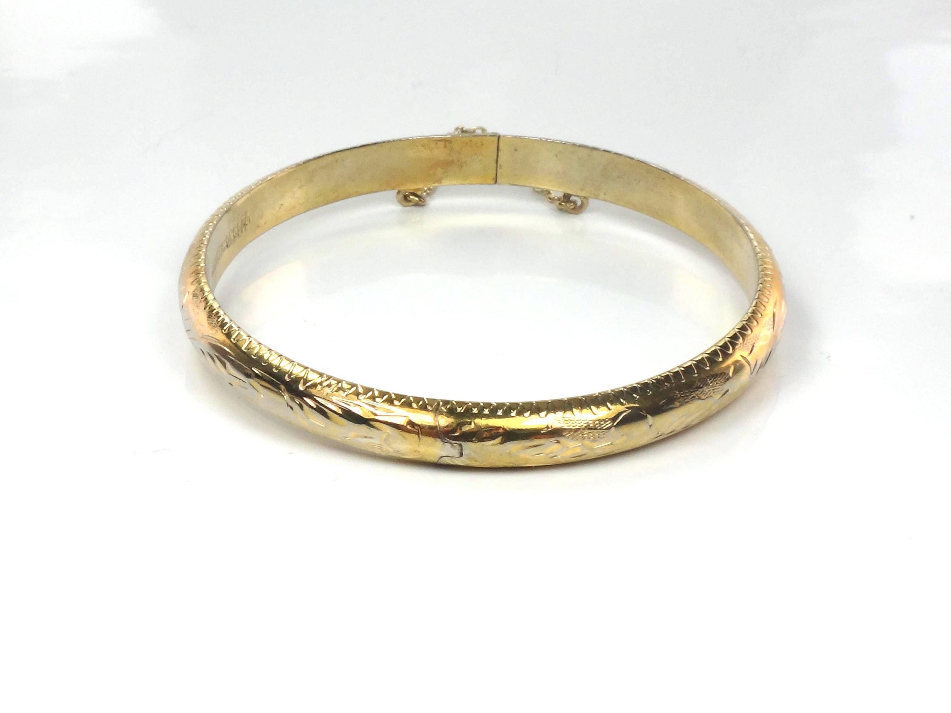 Vintage Gold Over Sterling Silver Bangle Bracelet with Etched Design, 7"