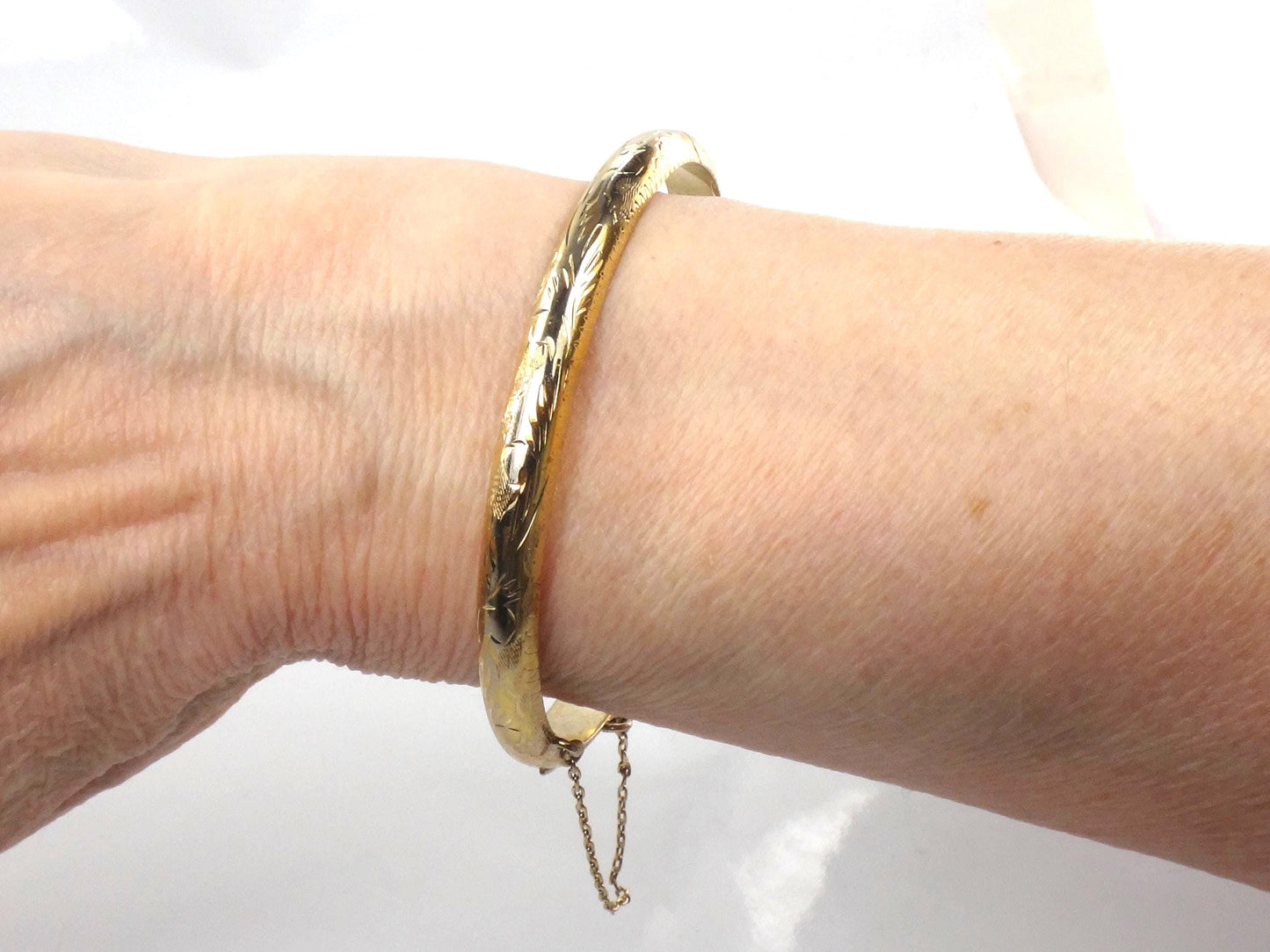 Vintage Gold Over Sterling Silver Bangle Bracelet with Etched Design, 7"