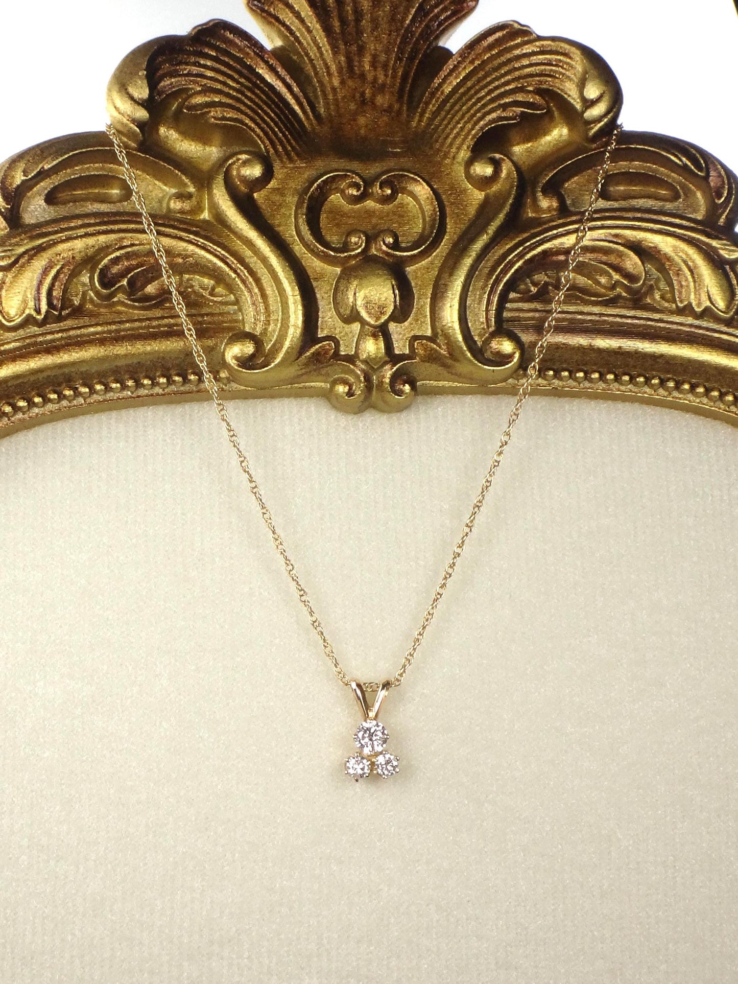 Vintage 14k Yellow Gold Three Diamond Necklace: Approximately .40 Carat TDW 16"