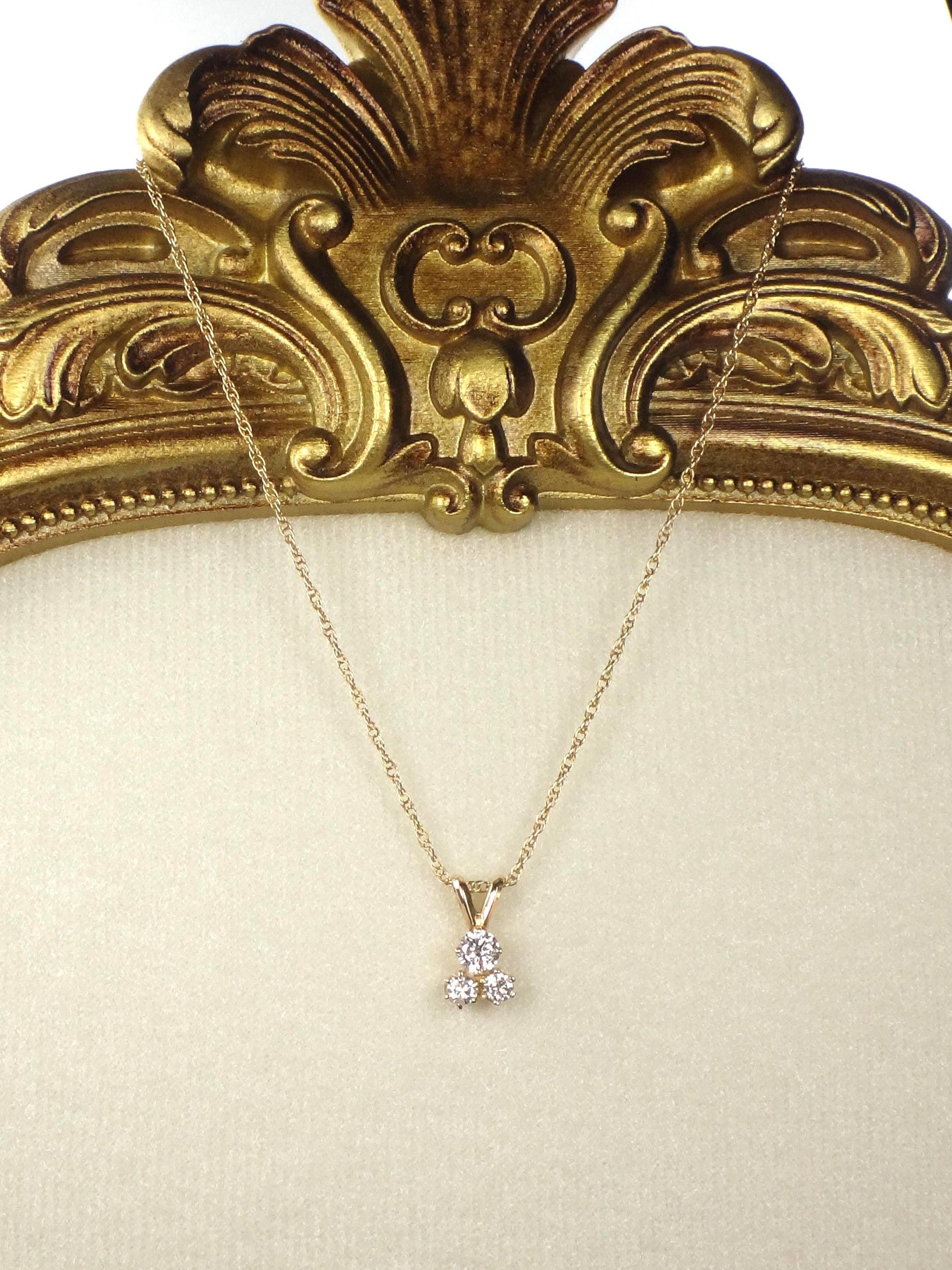 Vintage 14k Yellow Gold Three Diamond Necklace: Approximately .40 Carat TDW 16"