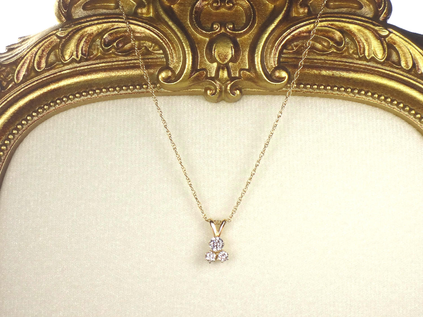 Vintage 14k Yellow Gold Three Diamond Necklace: Approximately .40 Carat TDW 16"