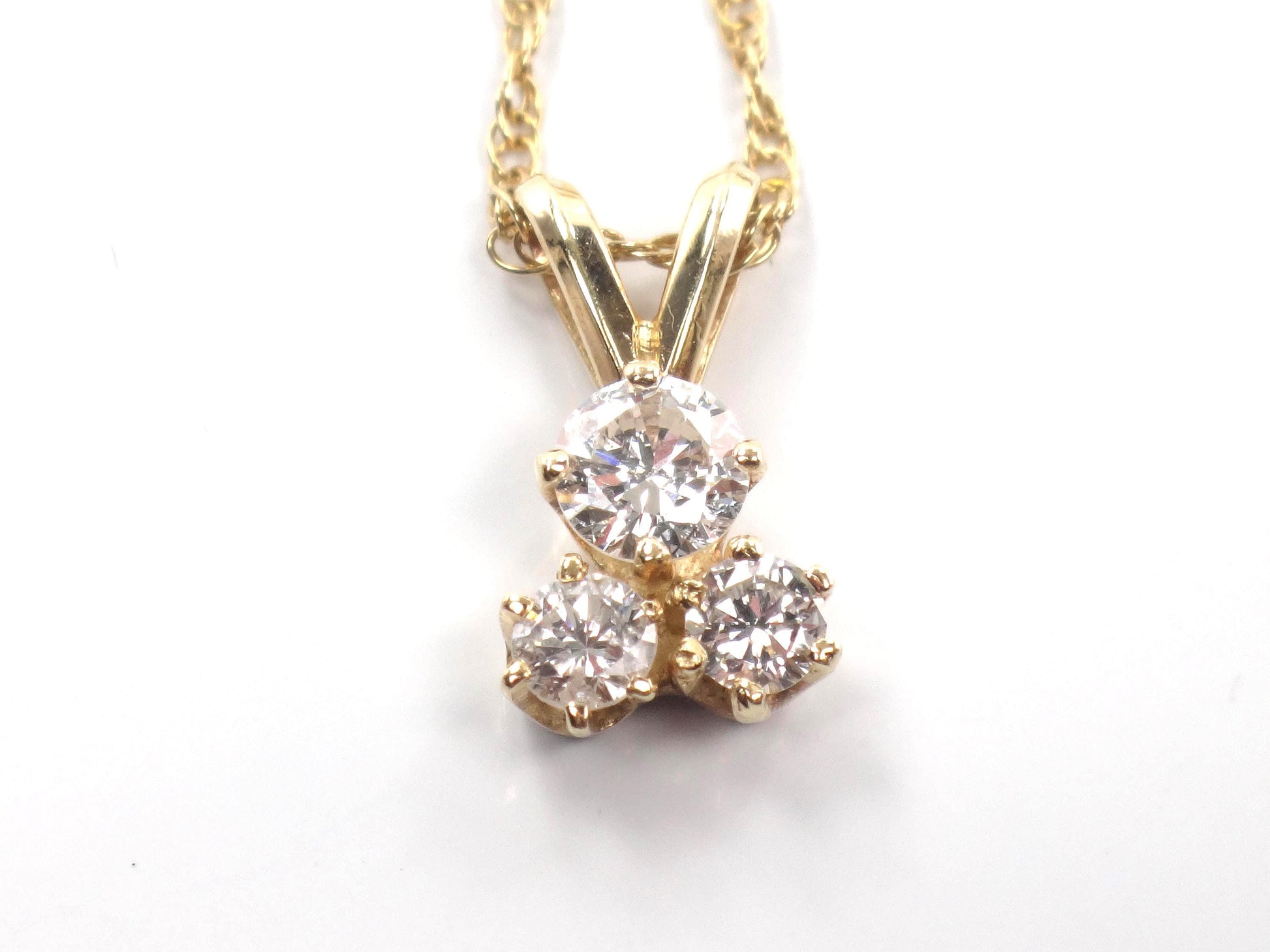 Vintage 14k Yellow Gold Three Diamond Necklace: Approximately .40 Carat TDW 16"