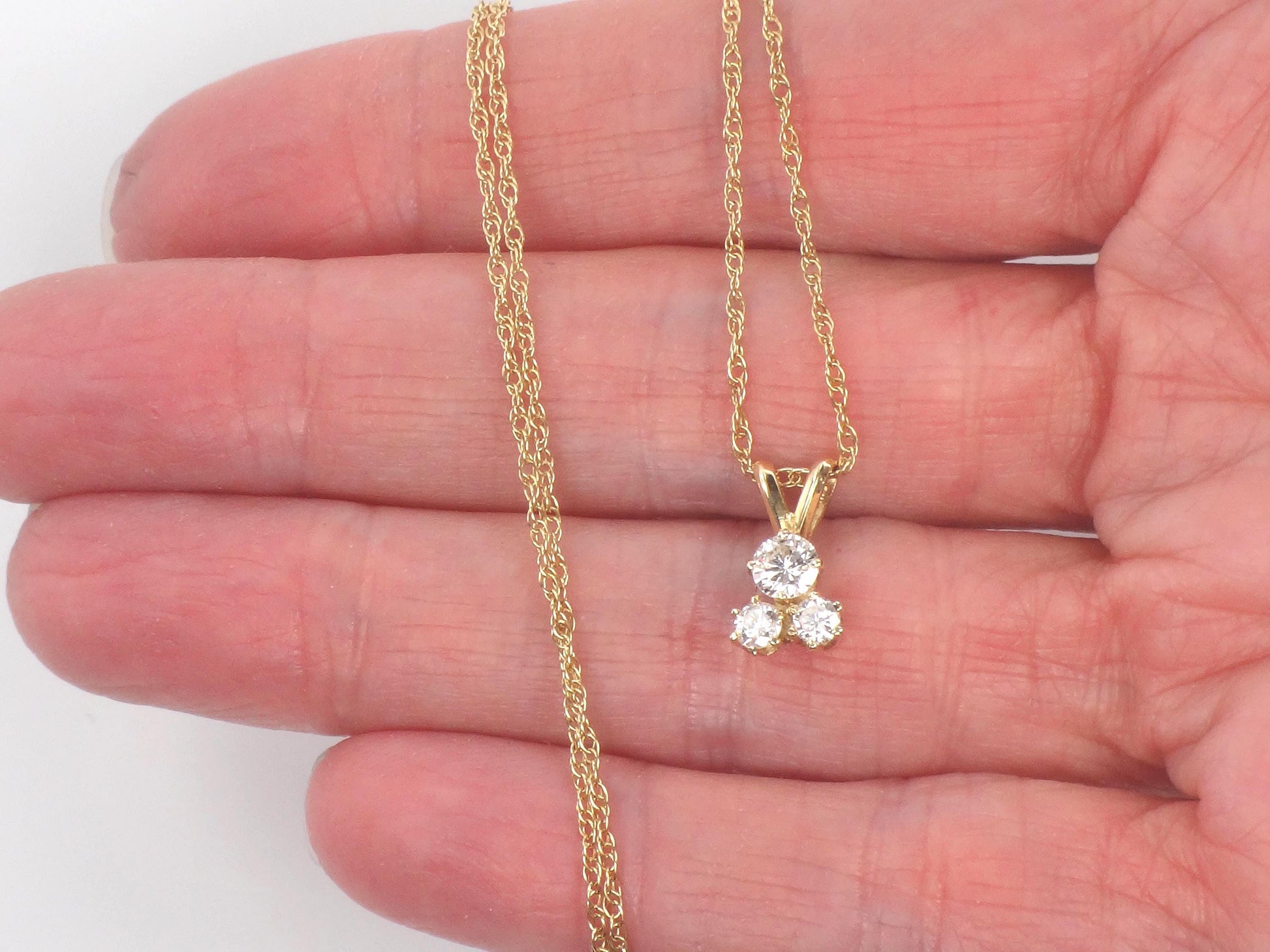 Vintage 14k Yellow Gold Three Diamond Necklace: Approximately .40 Carat TDW 16"