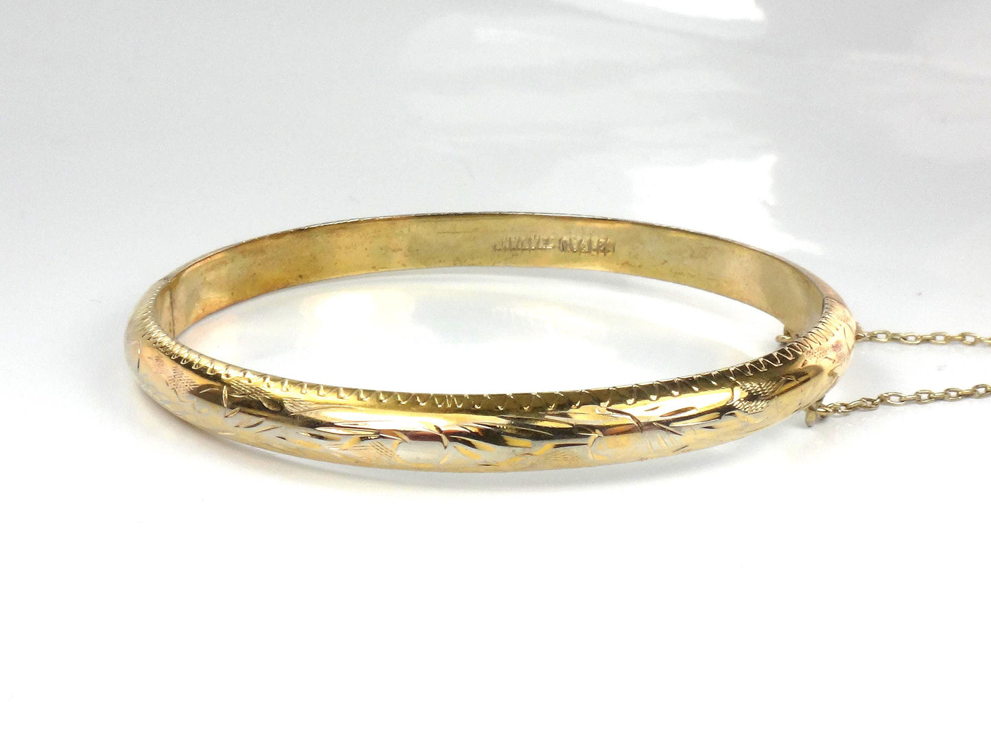 Vintage Gold Over Sterling Silver Bangle Bracelet with Etched Design, 7"