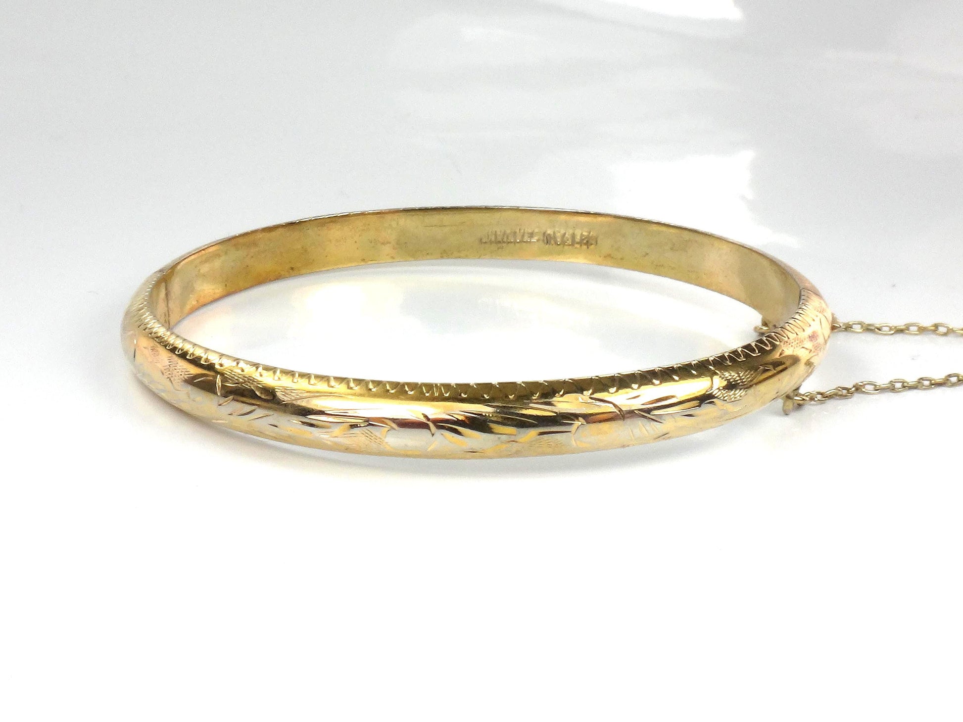 Vintage Gold Over Sterling Silver Bangle Bracelet with Etched Design, 7"