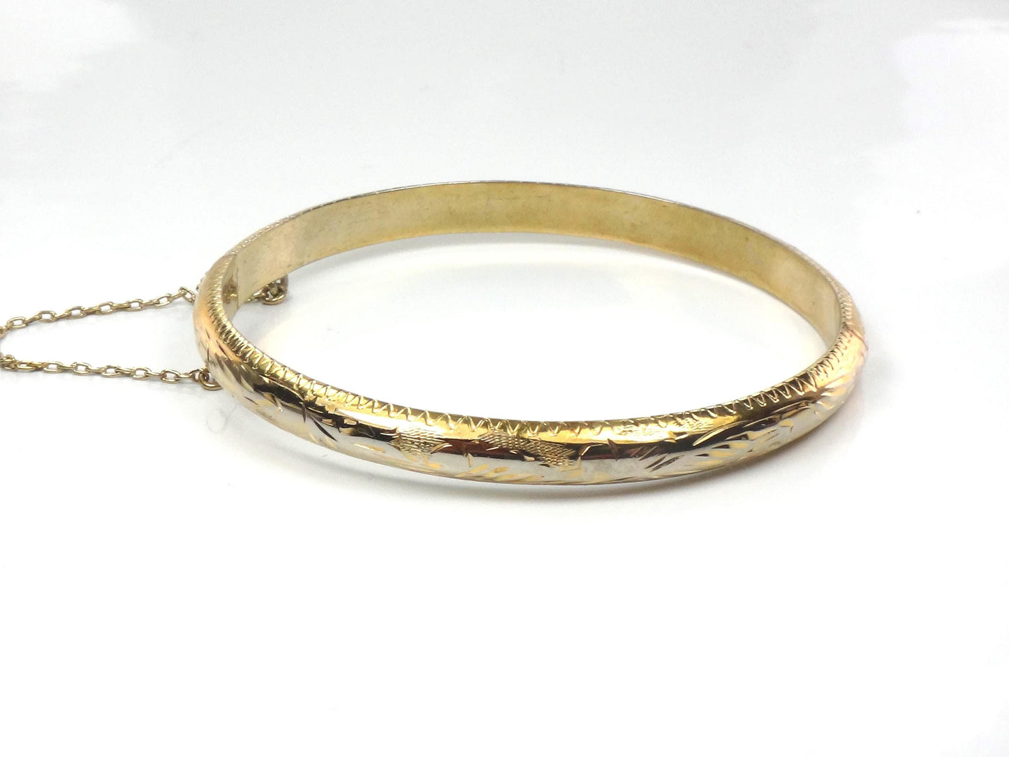 Vintage Gold Over Sterling Silver Bangle Bracelet with Etched Design, 7"