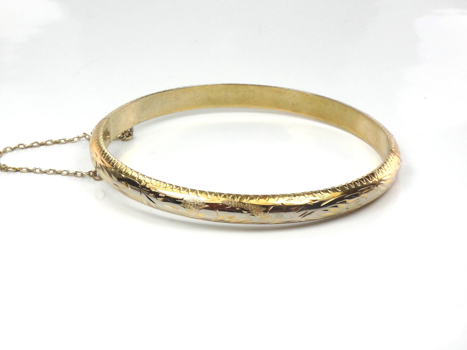 Vintage Gold Over Sterling Silver Bangle Bracelet with Etched Design, 7"