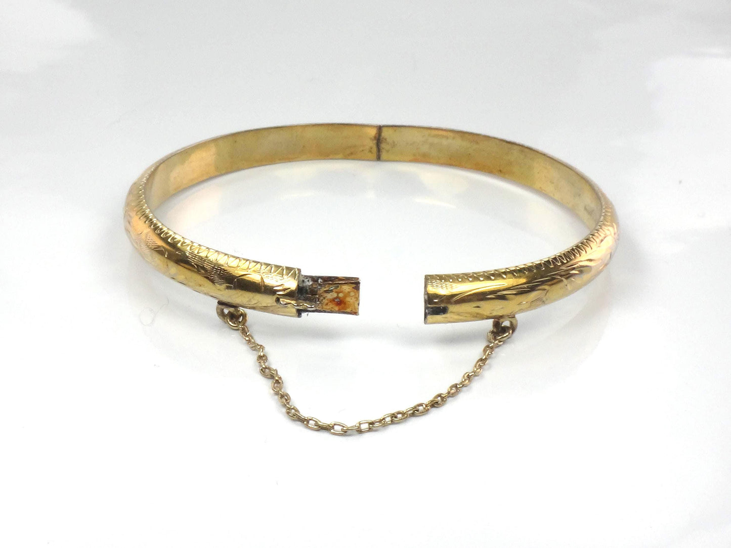 Vintage Gold Over Sterling Silver Bangle Bracelet with Etched Design, 7"