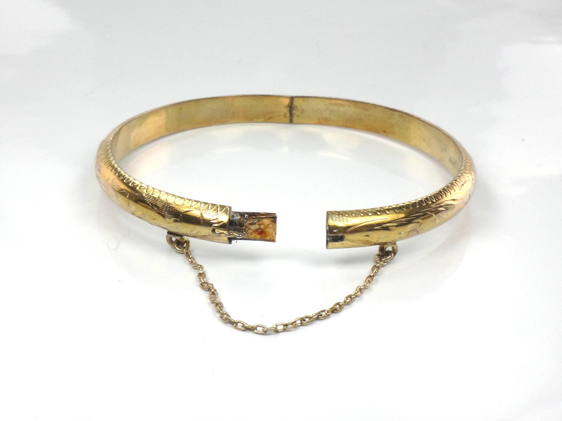 Vintage Gold Over Sterling Silver Bangle Bracelet with Etched Design, 7"