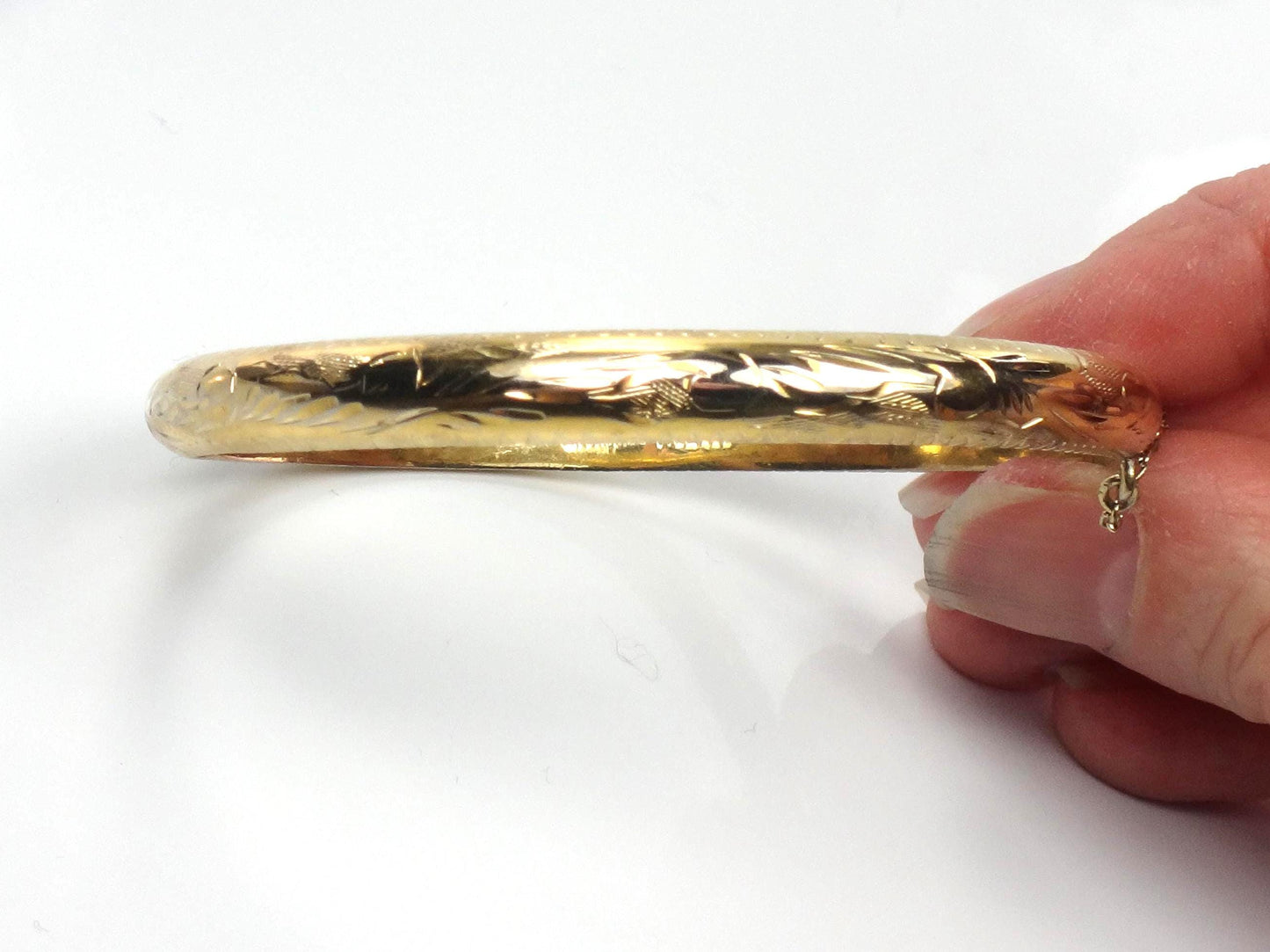 Vintage Gold Over Sterling Silver Bangle Bracelet with Etched Design, 7"