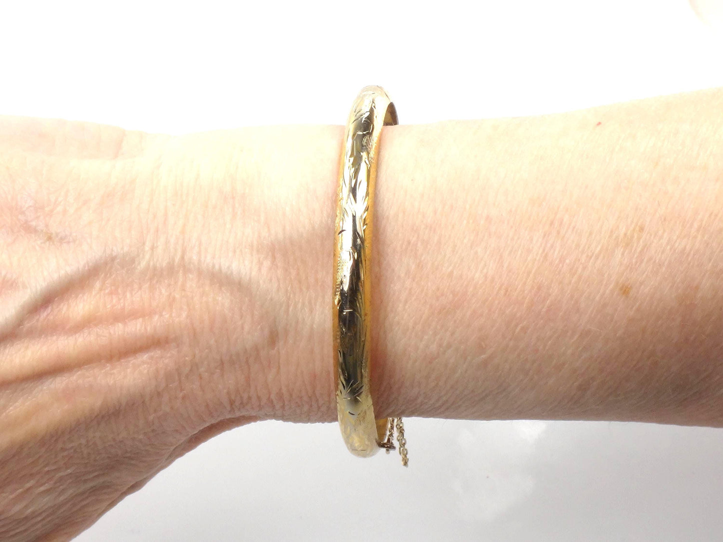 Vintage Gold Over Sterling Silver Bangle Bracelet with Etched Design, 7"