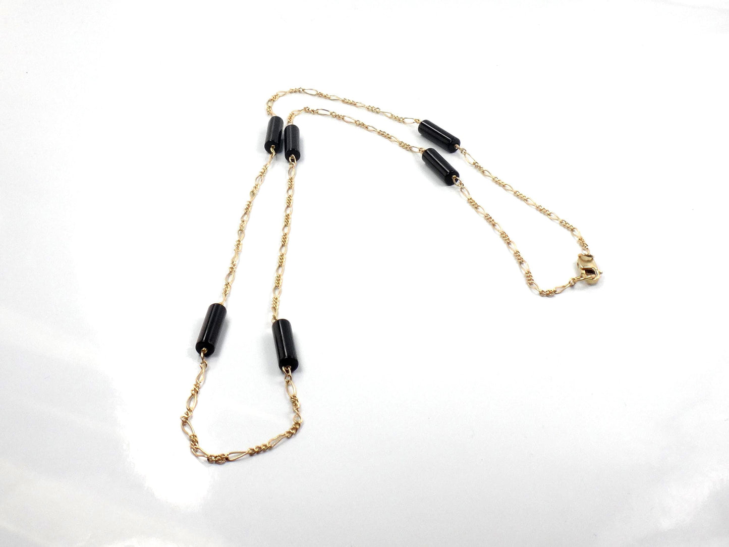 Vintage 14k Gold Black Onyx Station Chain Necklace, 20"
