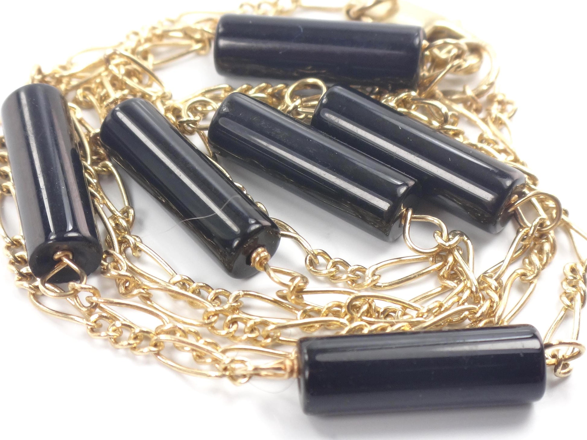 Vintage 14k Gold Black Onyx Station Chain Necklace, 20"