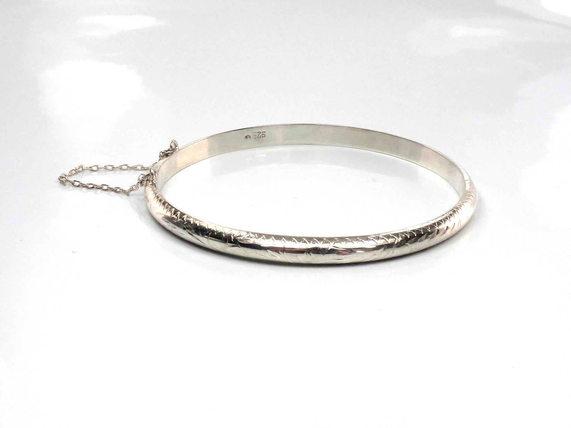 Vintage Thin Sterling Silver Bangle Bracelet with Engraving - Hinged Style