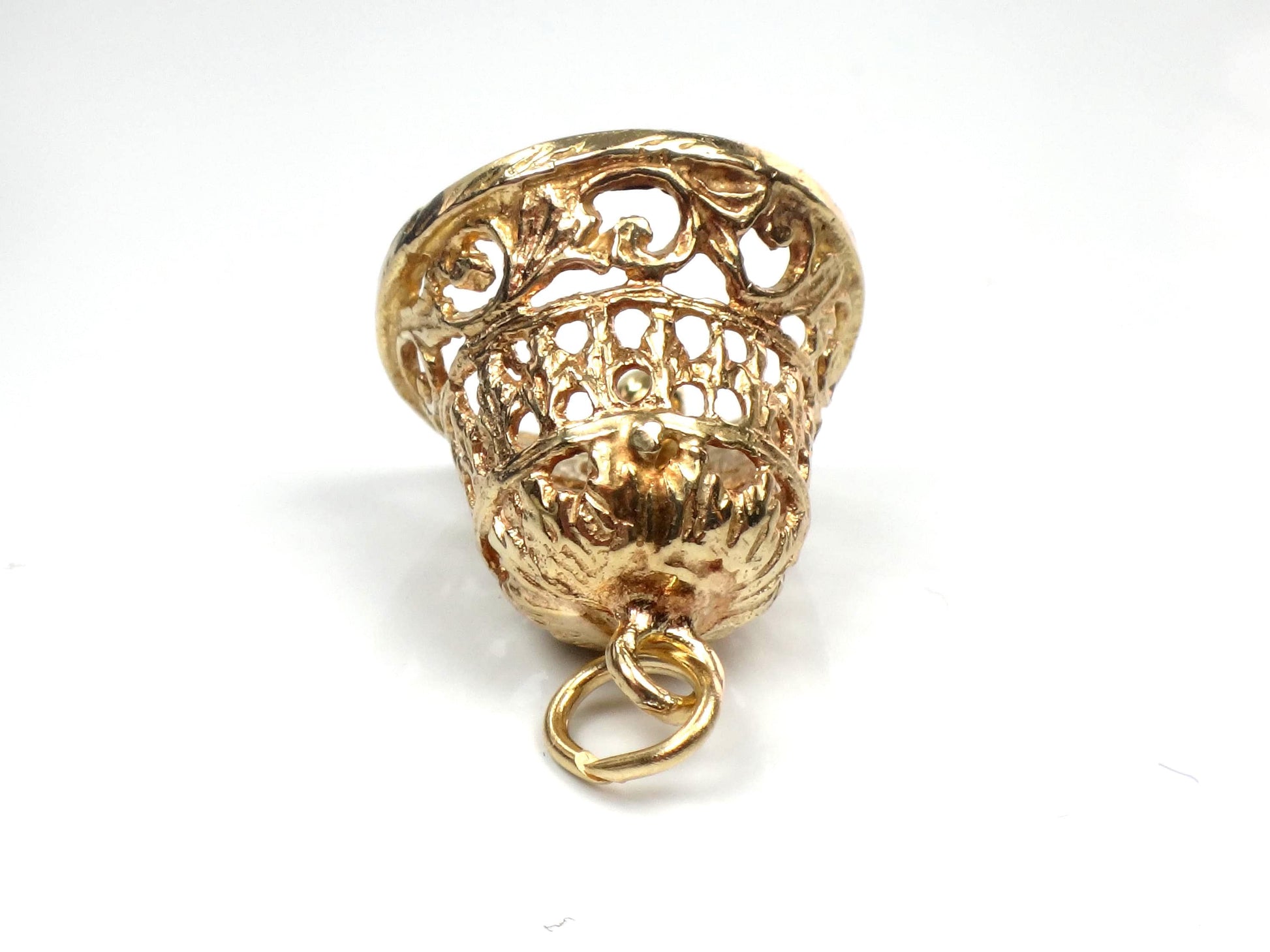 Vintage 14k Yellow Gold Bell Pendant: 3D Moveable Filigree Charm