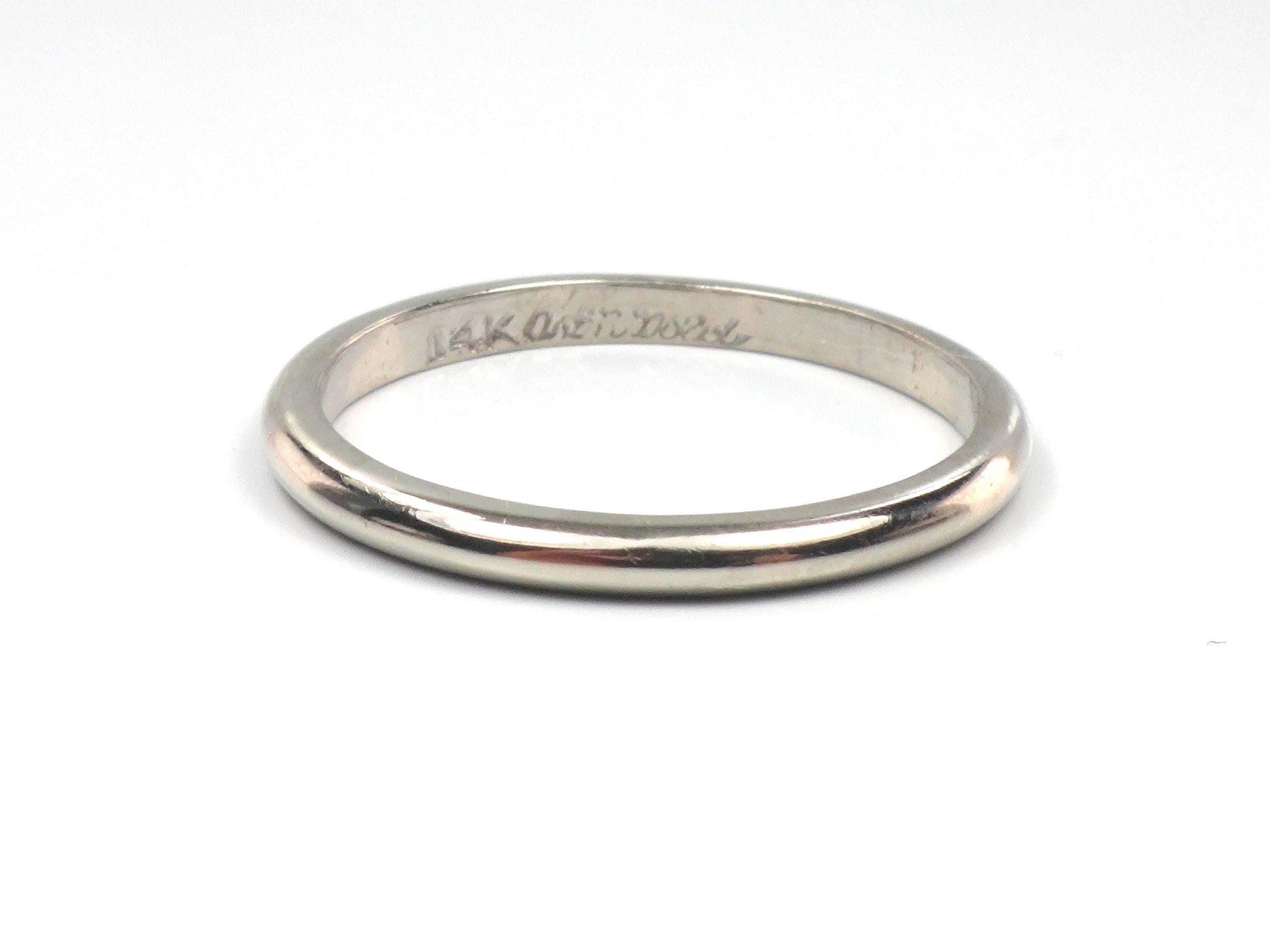 Vintage Thin Solid 14k White Gold Wedding Band, 2 MM Stacking Ring, Size 7.5