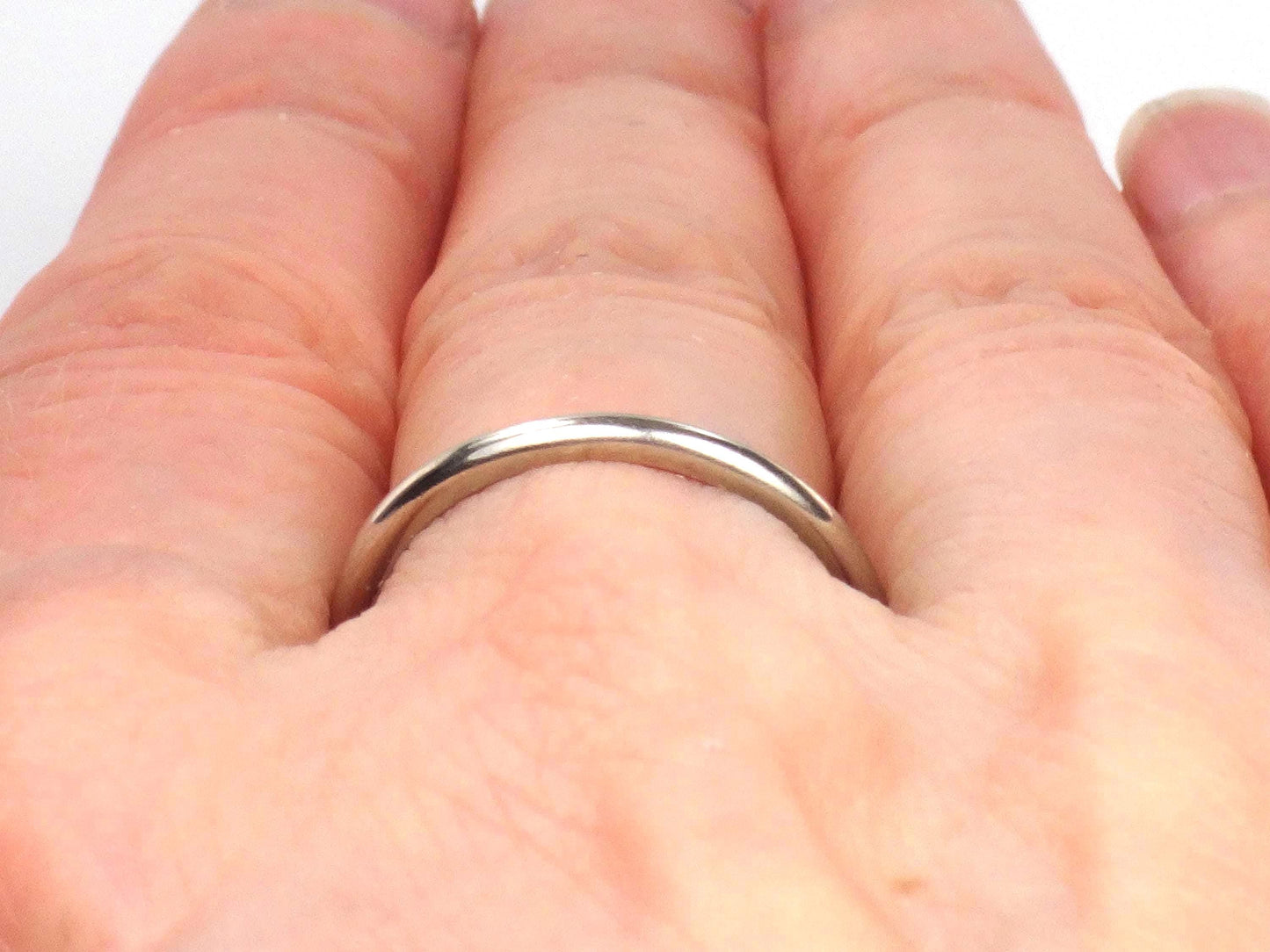 Vintage Thin Solid 14k White Gold Wedding Band, 2 MM Stacking Ring, Size 7.5