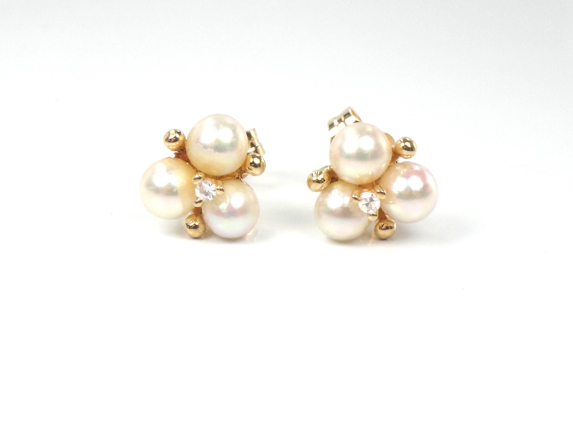 Vintage 14k Yellow Gold Pearl Diamond Stud Earrings: June Birthstone, Bridal Jewelry