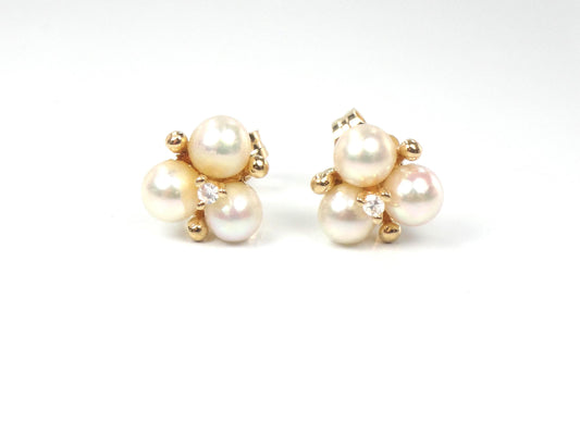 Vintage 14k Yellow Gold Pearl Diamond Stud Earrings: June Birthstone, Bridal Jewelry