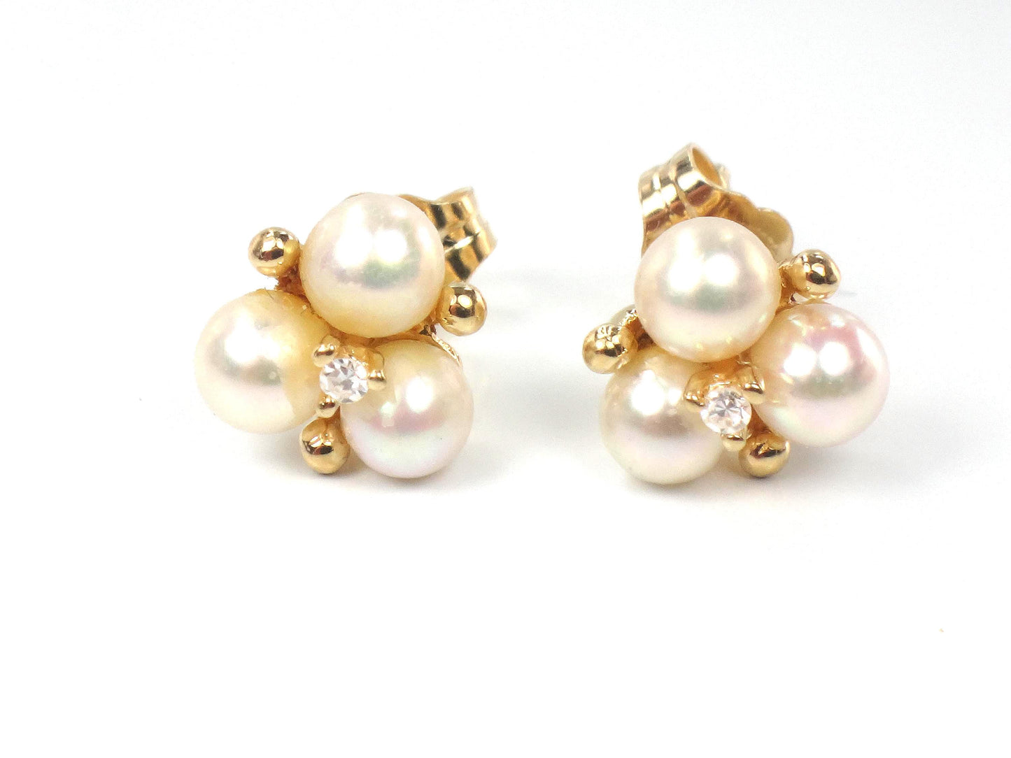 Vintage 14k Yellow Gold Pearl Diamond Stud Earrings: June Birthstone, Bridal Jewelry