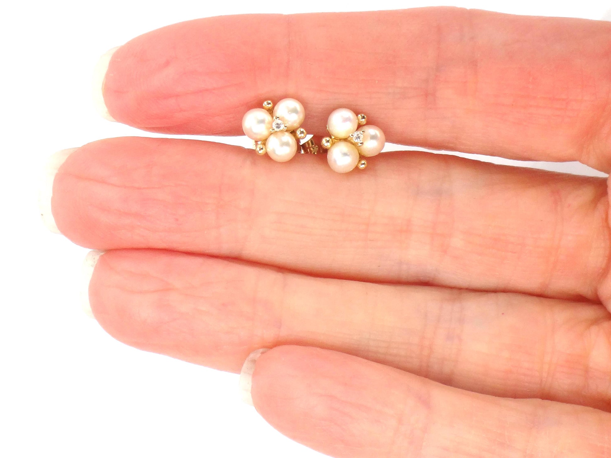 Vintage 14k Yellow Gold Pearl Diamond Stud Earrings: June Birthstone, Bridal Jewelry