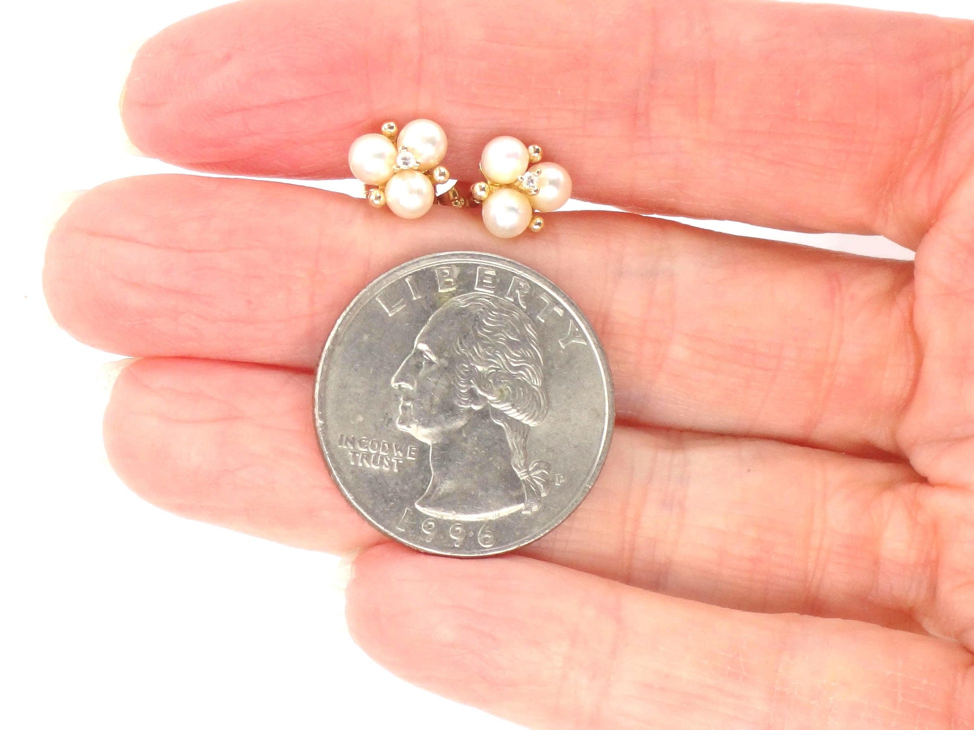 Vintage 14k Yellow Gold Pearl Diamond Stud Earrings: June Birthstone, Bridal Jewelry