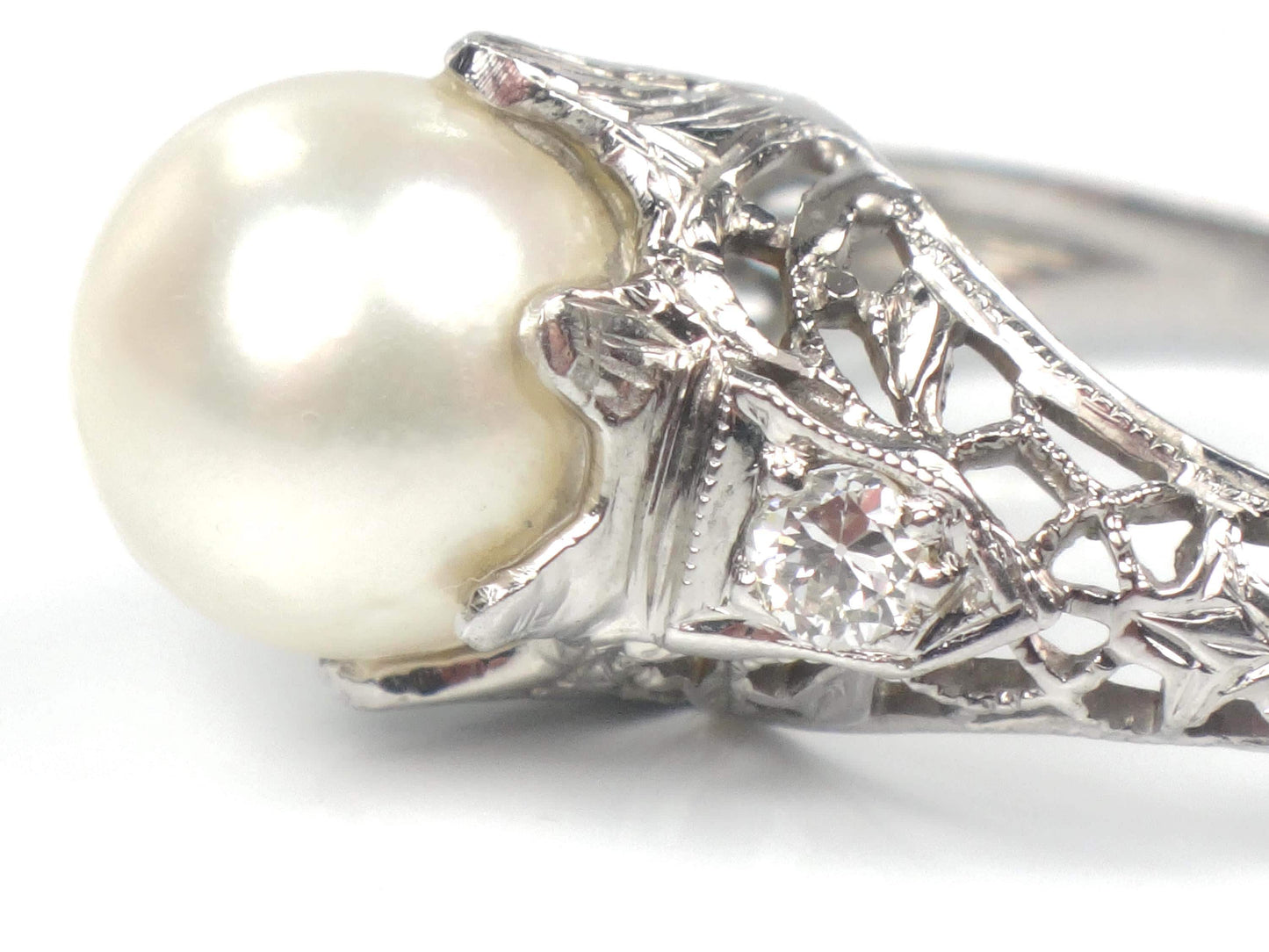 Vintage 18k White Gold Filigree Pearl Diamond Ring, Art Deco 1930s