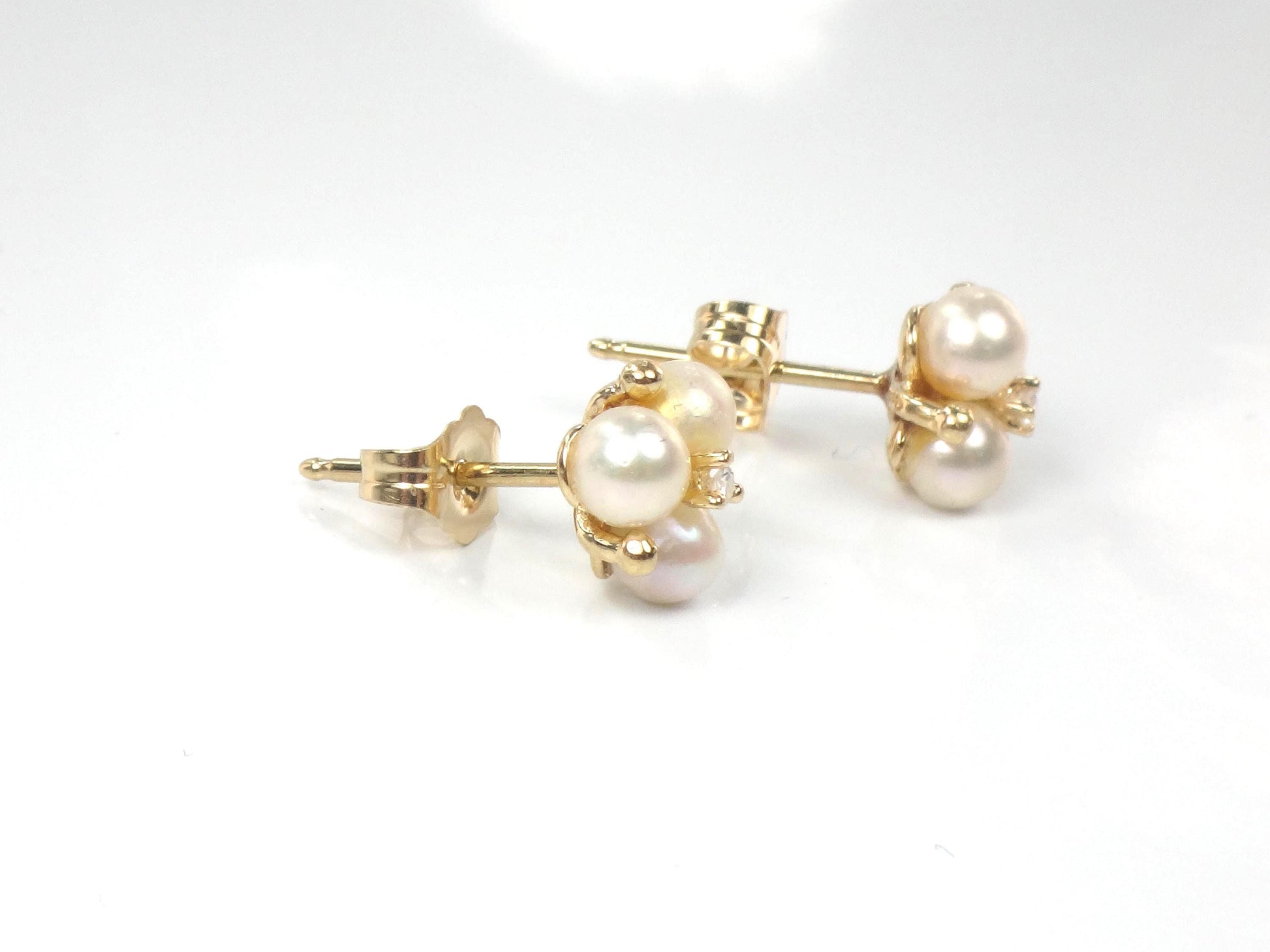 Vintage 14k Yellow Gold Pearl Diamond Stud Earrings: June Birthstone, Bridal Jewelry