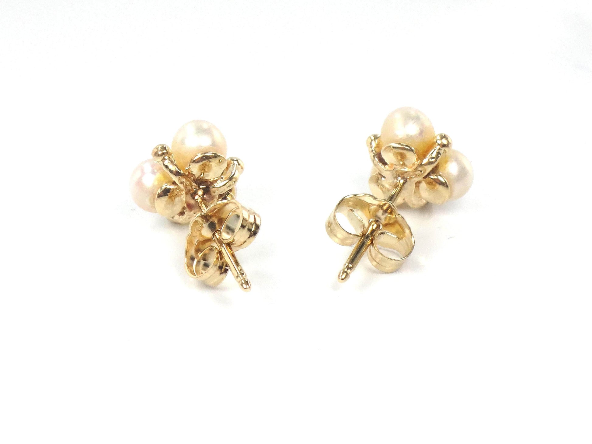 Vintage 14k Yellow Gold Pearl Diamond Stud Earrings: June Birthstone, Bridal Jewelry