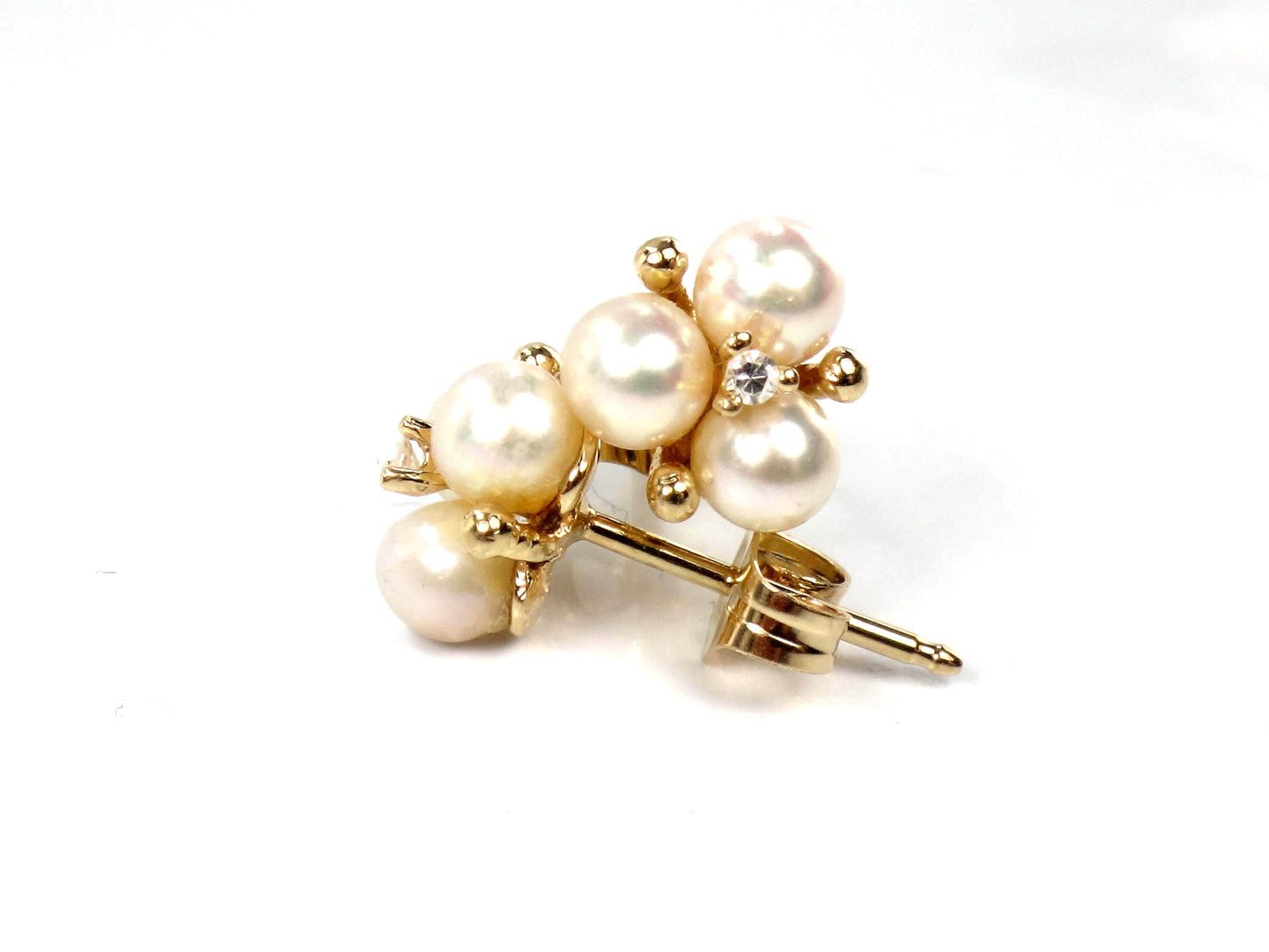 Vintage 14k Yellow Gold Pearl Diamond Stud Earrings: June Birthstone, Bridal Jewelry