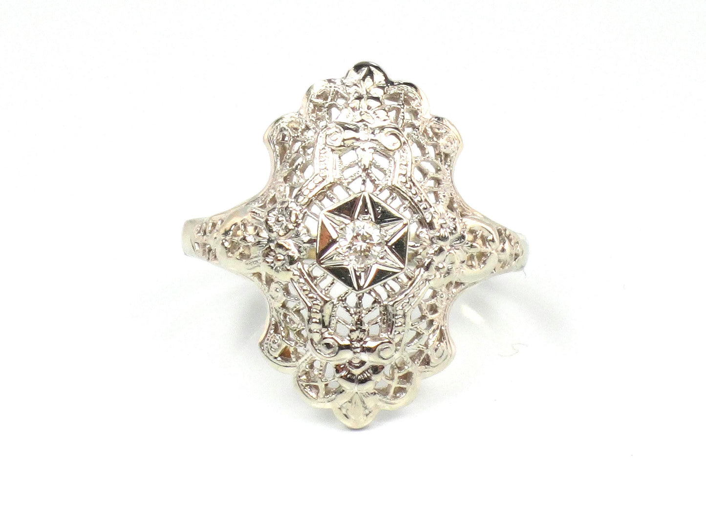 Vintage 14k White Gold Diamond Filigree Ring: Art Deco Style Star Design, Size 7.25