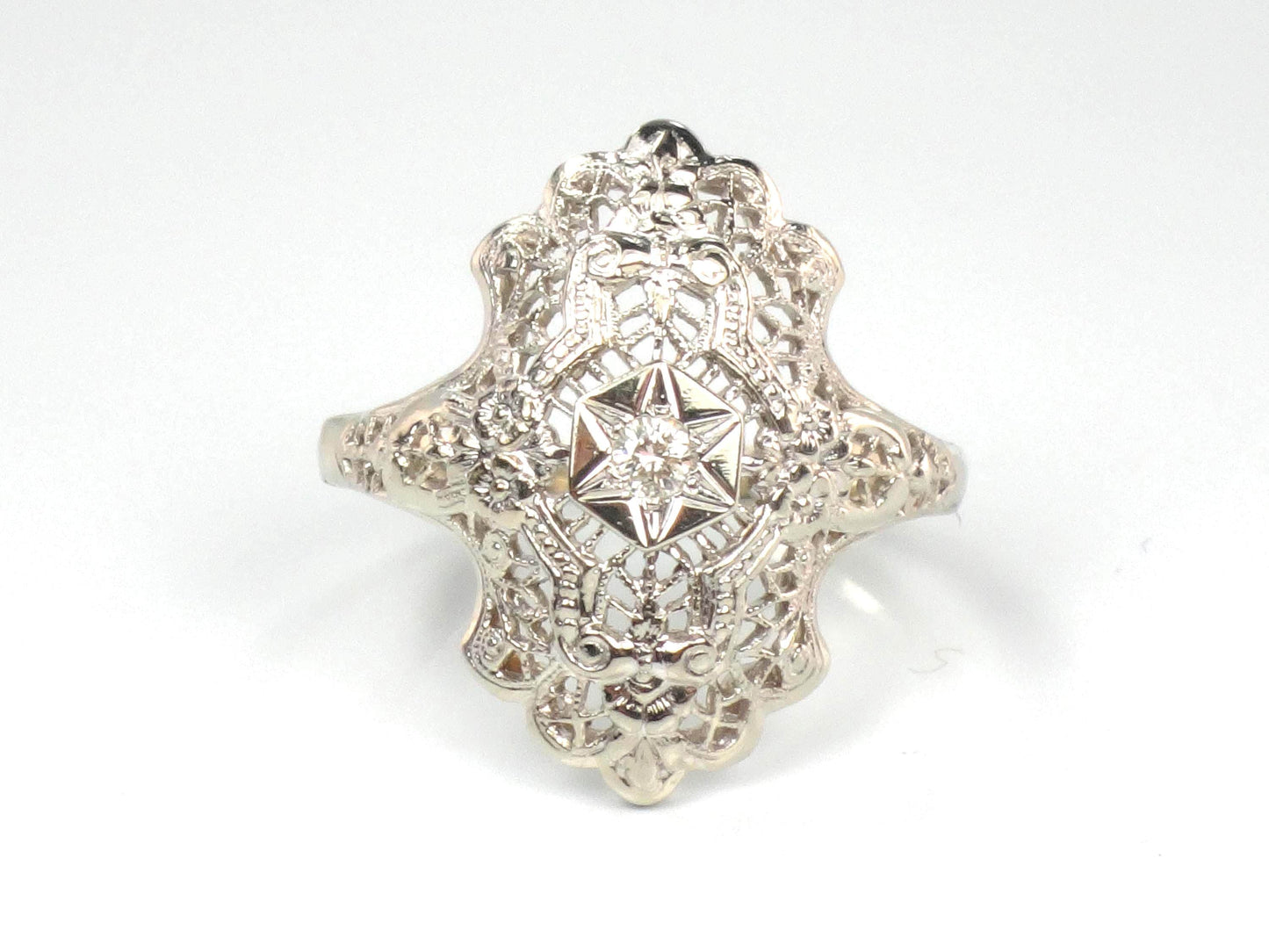 Vintage 14k White Gold Diamond Filigree Ring: Art Deco Style Star Design, Size 7.25