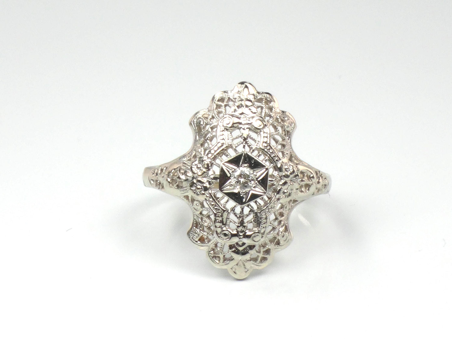 Vintage 14k White Gold Diamond Filigree Ring: Art Deco Style Star Design, Size 7.25