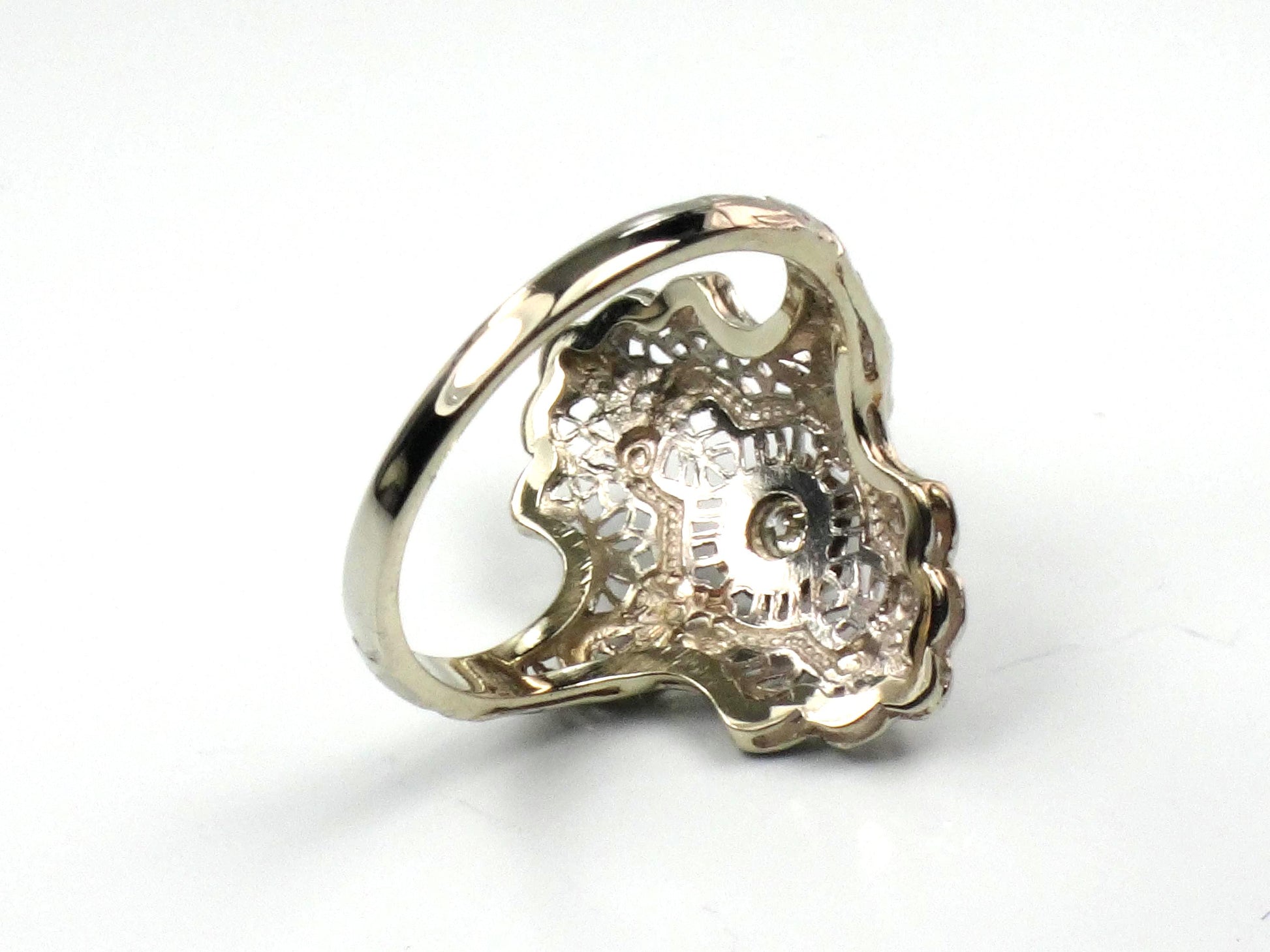 Vintage 14k White Gold Diamond Filigree Ring: Art Deco Style Star Design, Size 7.25