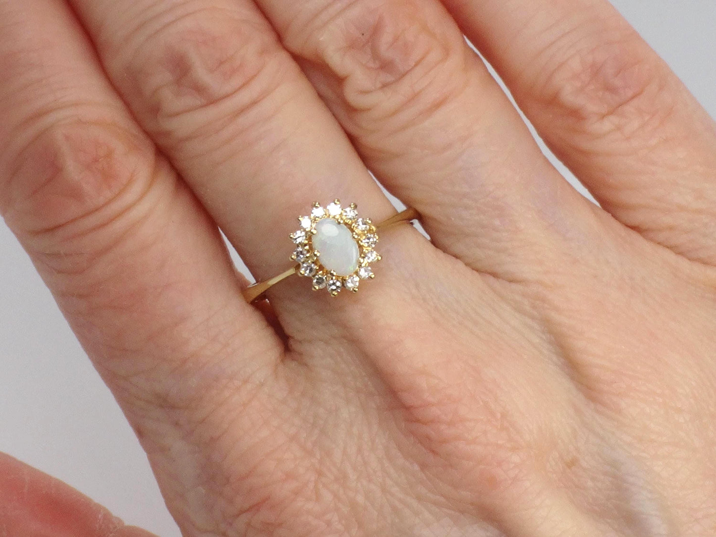 Vintage 19k Yellow Gold Opal Ring with Diamond Halo: Portuguese Hallmarks, Size 7.75