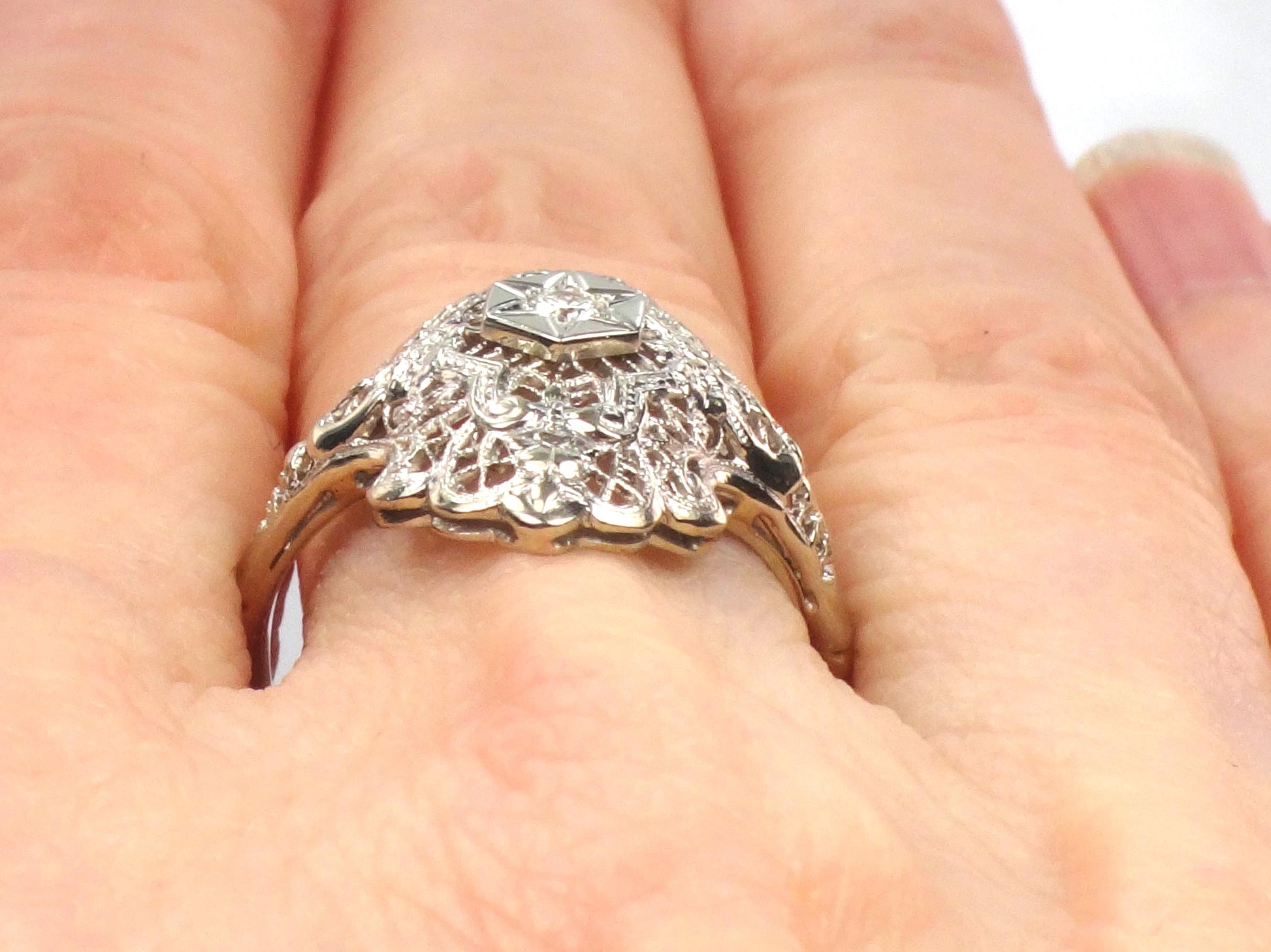 Vintage 14k White Gold Diamond Filigree Ring: Art Deco Style Star Design, Size 7.25