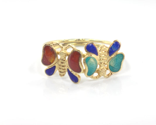 Solid 14k Gold Enamel Butterfly Ring - Vintage - Size 5.25-BelmarJewelers