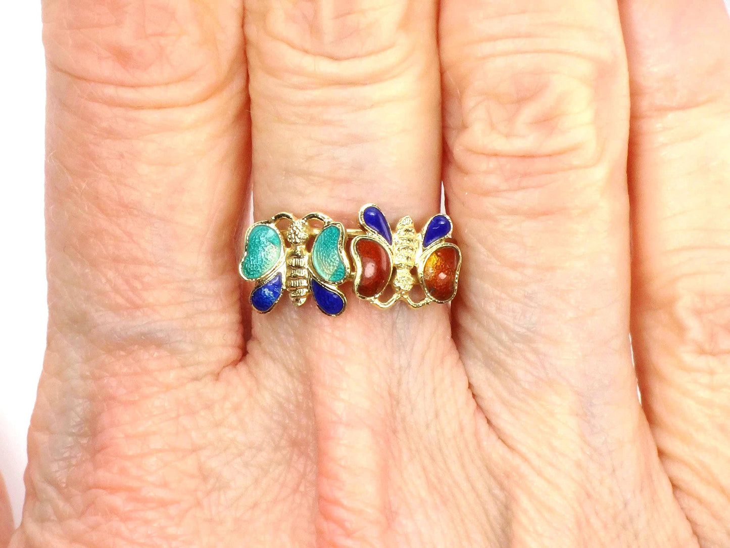 Solid 14k Gold Enamel Butterfly Ring - Vintage - Size 5.25-BelmarJewelers