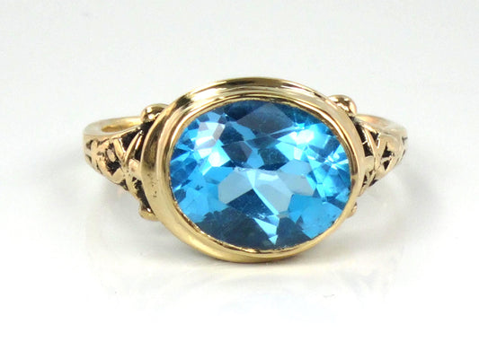 Vintage 14k Yellow Gold Sideways Blue Topaz Ring, Floral, Size 6.25-BelmarJewelers