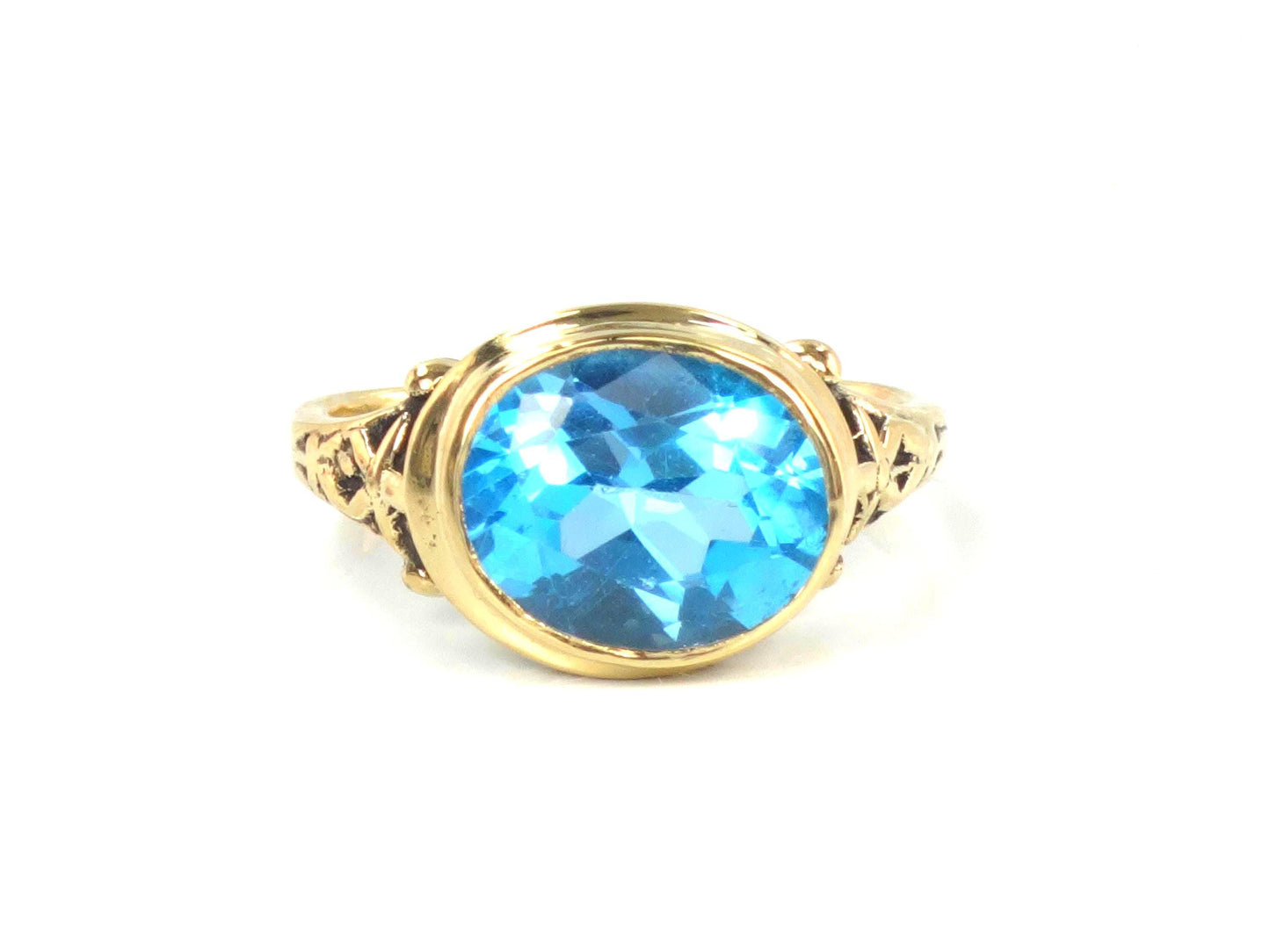 Vintage 14k Yellow Gold Sideways Blue Topaz Ring, Floral, Size 6.25-BelmarJewelers