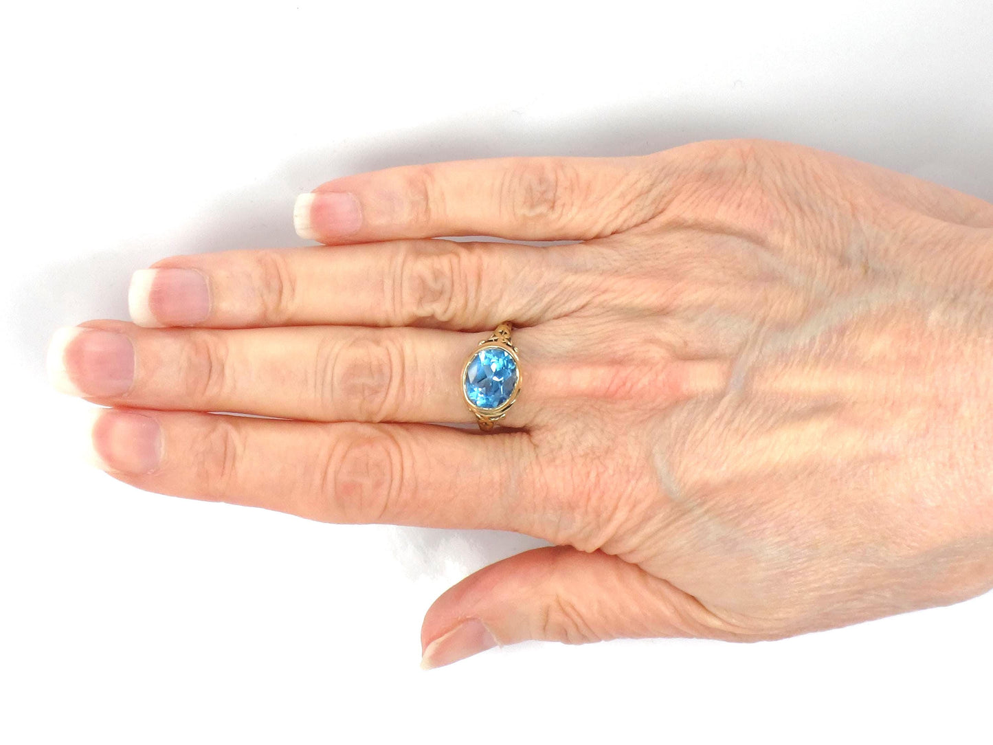 Vintage 14k Yellow Gold Sideways Blue Topaz Ring, Floral, Size 6.25-BelmarJewelers