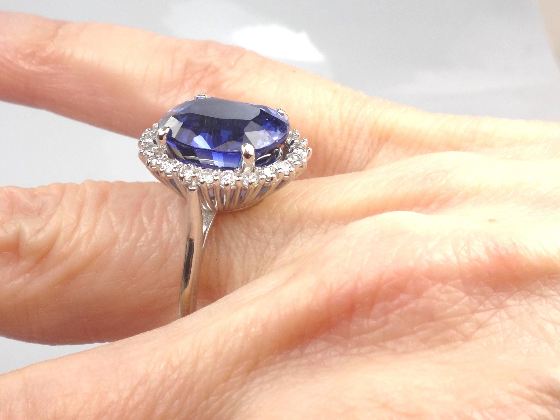 Vintage 14k Gold Oval Blue Sapphire Diamond Halo Ring, Size 7-BelmarJewelers