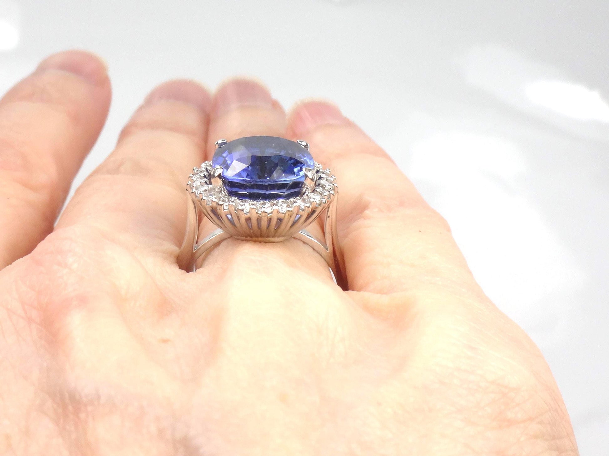 Vintage 14k Gold Oval Blue Sapphire Diamond Halo Ring, Size 7-BelmarJewelers